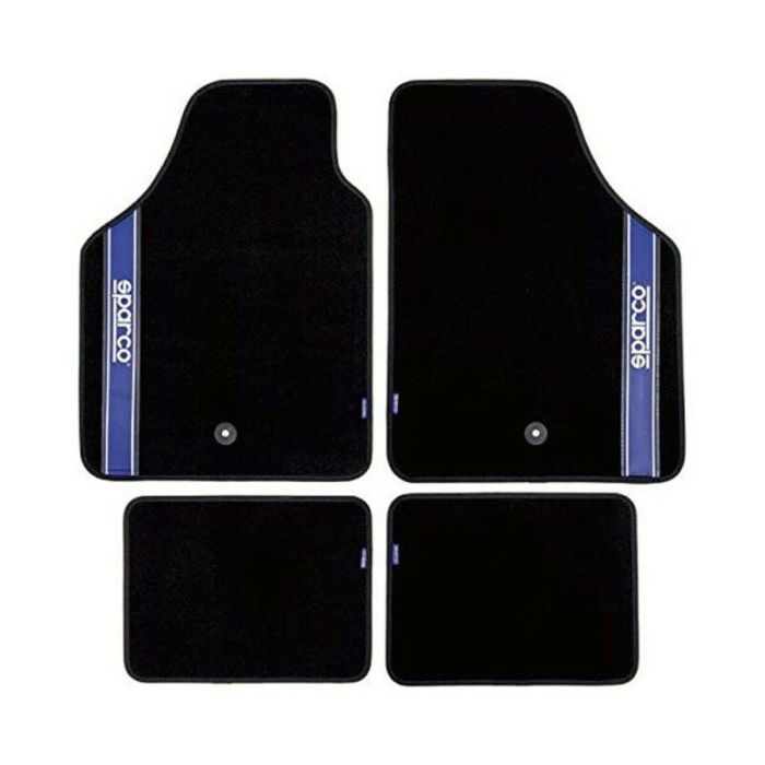 Sparco SPC 03763BBS Alfombra de Coche Strada 2012 B Azul con Franja Azul y Moqueta Negra, Fácil Limpieza, Diseño Deportivo