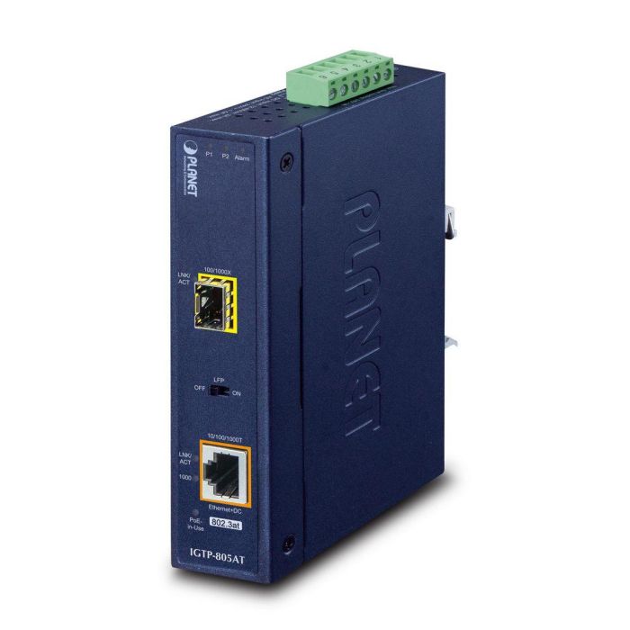 Planet IGTP-80xT Convertidor de Medios Industrial Gigabit PoE 802.3at Fibra a Ethernet SFP -40 a 75°C IP30