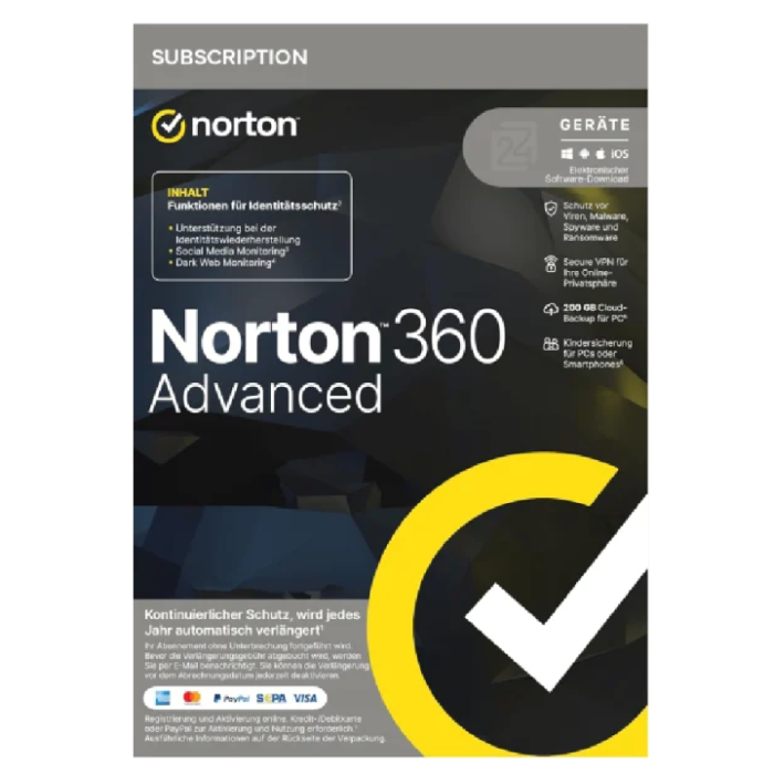 Norton 360 Advanced Antivirus 200GB, 10 Dispositivos, 1 Año de Protección Digital – Licencia Electrónica