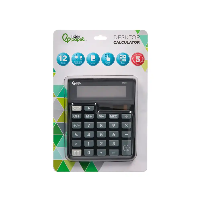 Liderpapel Calculadora Sobremesa XF26 12 Dígitos Solar y Pilas Color Negro 127x105x24 mm 1