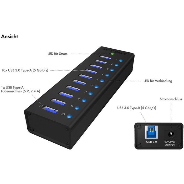 HUB 10 Port. Ladeport Aluminium-mit Netzteil ICY BOX 5