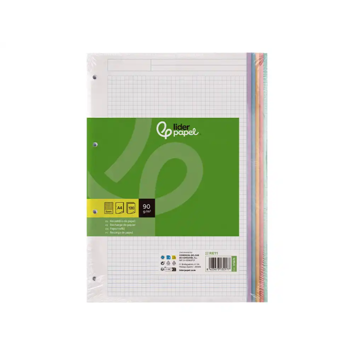Liderpapel Recambio A4 120 Hojas 90gr Cuadro 5 mm 4 Taladros Bandas Colores Pasteles 1