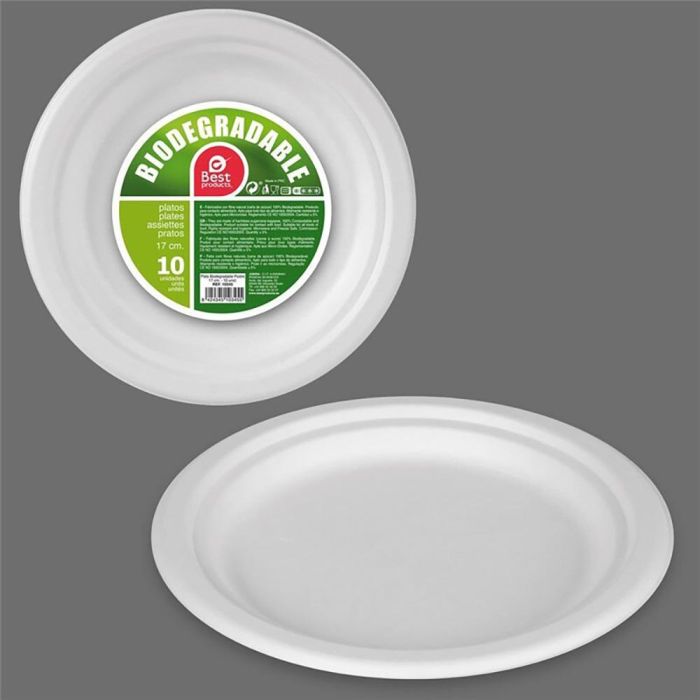 Best Products: Platos Redondos de Postre Biodegradables de Caña de Azúcar Blancos Ø17 cm, 10 Unidades