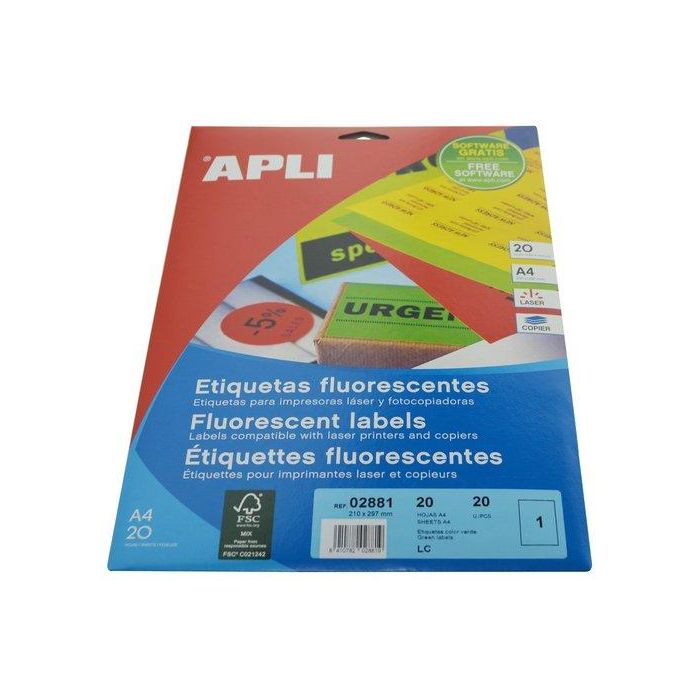 Apli Etiqueta Adhesiva 02881 Fluorescente Verde Din A4 210x297 mm Para Fotocopiadora Laser Caja con 20 Hojas