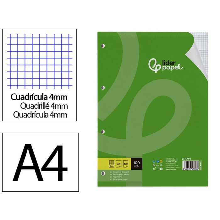 Recambio Liderpapel A4 100 Hojas 100 gr-M2 Cuadro 4 mm Con Margen 4 Taladros 24 unidades