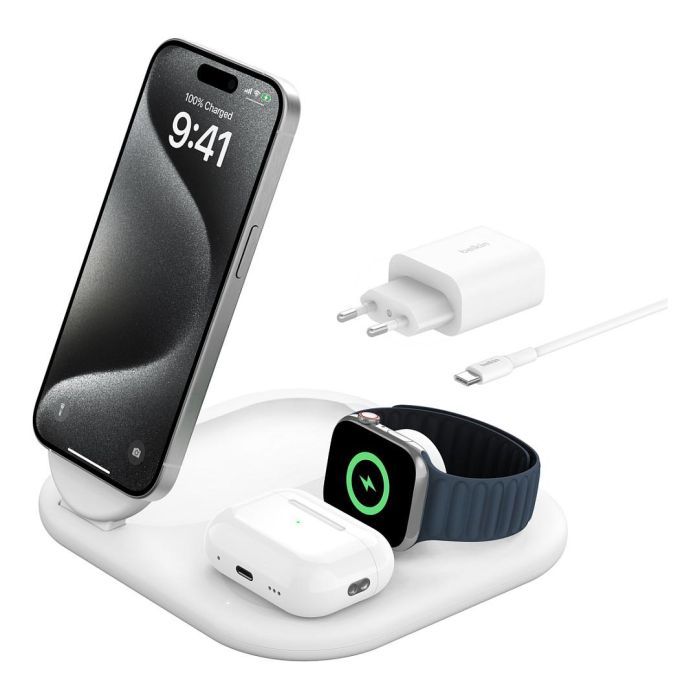 Belkin Qi2 3-in-1 Ladest. 15W Blanco Cargador Inalámbrico para Auriculares, Smartphone y Reloj Inteligente Belkin Qi2 3-in-1 Ladest. 15W Blanco Cargador Inalámbrico para Auriculares, Smartphone y Reloj Inteligente