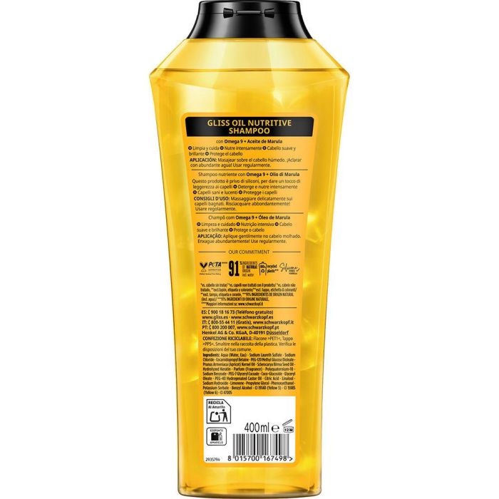 Schwarzkopf Mass Market GLISS OIL NUTRITIVE Champú para Cabello Seco y Áspero, 400 ml Schwarzkopf Mass Market GLISS OIL NUTRITIVE Champú para Cabello Seco y Áspero, 400 ml