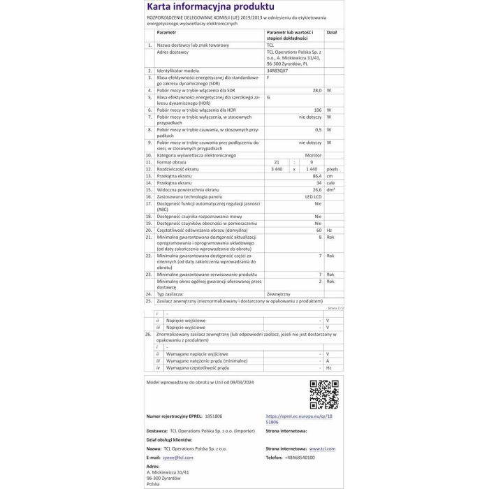 Monitor TCL 34R83Q LCD 37" 27