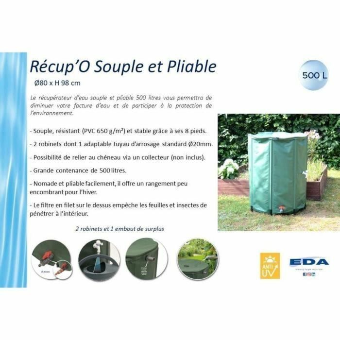 EDA - Colector de agua flexible y plegable 500 L - con filtro de malla + 2 grifos - Resistente a la intemperie - Ø 80 x H.98 cm 1