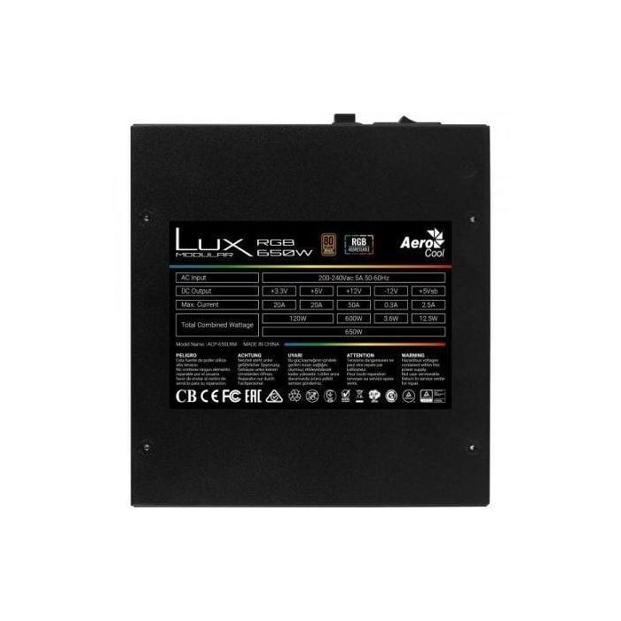 Aerocool LUXRGB650M Fuente de Alimentación 650W 80 Plus Bronze LUX RGB Semimodular, Ventilador 12cm Silencioso, 13 Efectos LED RGB 2 Aerocool LUXRGB650M Fuente de Alimentación 650W 80 Plus Bronze LUX RGB Semimodular, Ventilador 12cm Silencioso, 13 Efectos LED RGB 2