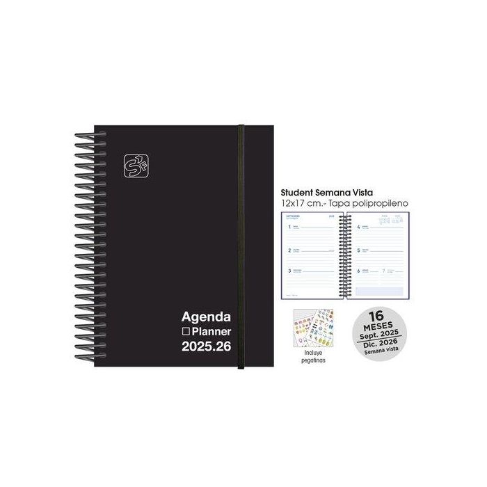 Agenda Anual (2025-26) Senfort 16 Meses Student Unicolor Espiral Tapa Pp Con Goma 120X170 S/V Negro