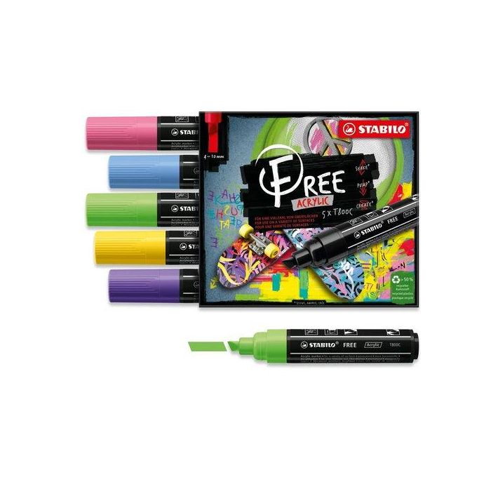 Marcador Acrylic Stabilo Free T800C Arty Line 4-10 Mm Set Seaside Estuche De 5 (Violeta, Amarillo, Verde Claro, Azul Cobalto Y Rosa)