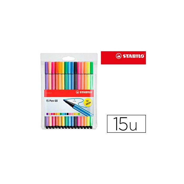 Stabilo Rotuladores Pen 68 Colores Surtidos 10 Estándar + 5 Neón Estuche 15 Ud