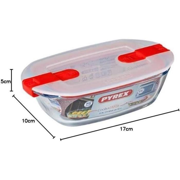 Pyrex Cook&Heat Hermético Rectangular de Vidrio Borosilicato 0,4 L (17x10x5 cm) Apto Horno, Microondas y Congelador con Tapa Hermética y 4 Cierres 1