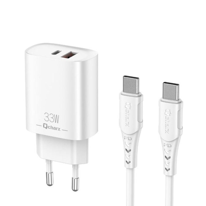 Qcharx Eros Cargador 33W 2 Puertos Tipo C + 1 Puerto USB Tipo C Blanco Cable Incluido