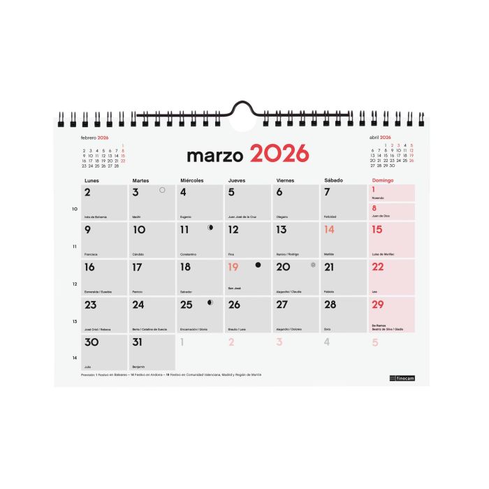 Finocam Calendario de Pared para Escribir 2026, Anual S-210x150 mm, Planificador Espiral con Colgador, Festivos y Fases Lunares 2