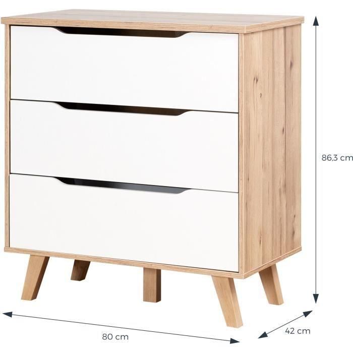 FINLANDEK VANKKA Cómoda Cajonera Escandinava, 3 Cajones, Roble y Blanco Mate, Patas Madera Maciza, 80x42x86 cm 3 FINLANDEK VANKKA Cómoda Cajonera Escandinava, 3 Cajones, Roble y Blanco Mate, Patas Madera Maciza, 80x42x86 cm 3