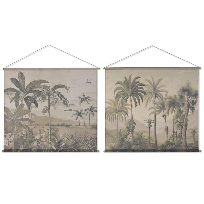 DKD Home Decor Lienzo Colonial de Lino y Abeto con Palmeras Verde Beige 125x145 cm (4 Unidades)