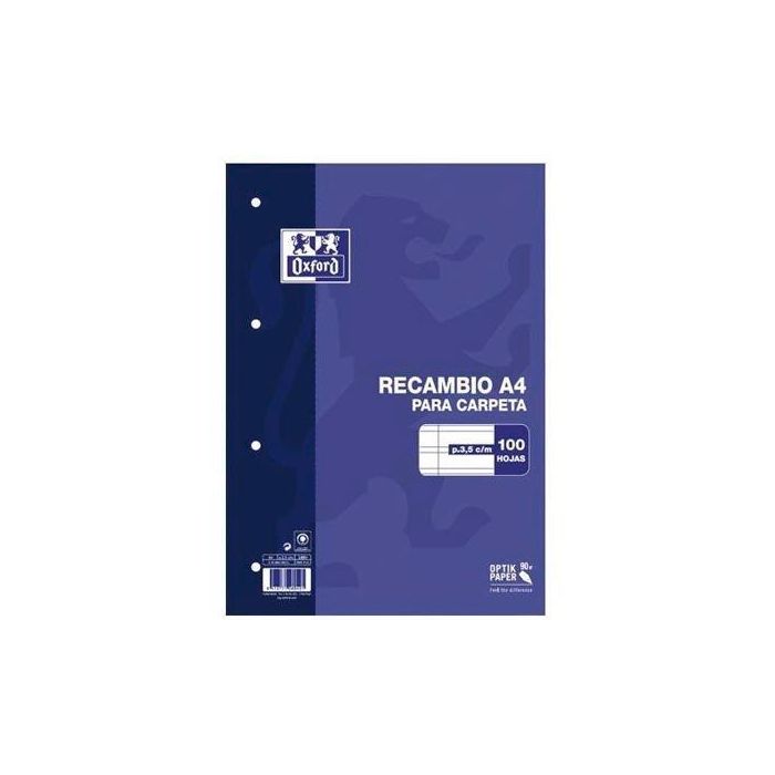 Oxford Recambio Classic 100H A4 Sueltas Pauta 3,5 mm C-Margen 4 Taladros - Papel OptikPaper, 100 Hojas A4, Rayado Contínuo, 4 Taladros Oxford Recambio Classic 100H A4 Sueltas Pauta 3,5 mm C-Margen 4 Taladros - Papel OptikPaper, 100 Hojas A4, Rayado Contínuo, 4 Taladros