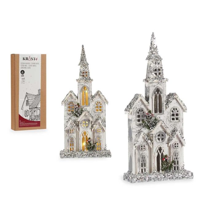 Casa de Madera Blanca con Luz y Purpurina Krist+ 25.5x56.5x9.5 cm (4 Unidades)