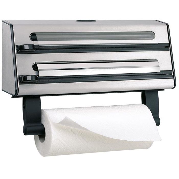 Emsa 504180 Contura 3-fach-Schneidabroller, Dispensador Triple de Papel, Aluminio y Film, Acero Inoxidable, Plata/Negro
