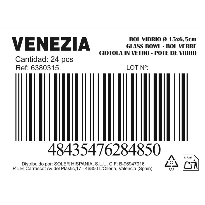 Bol de vidrio Venezia 15 cm x 6.5 cm - Inde (24 Unidades) 1 Bol de vidrio Venezia 15 cm x 6.5 cm - Inde (24 Unidades) 1