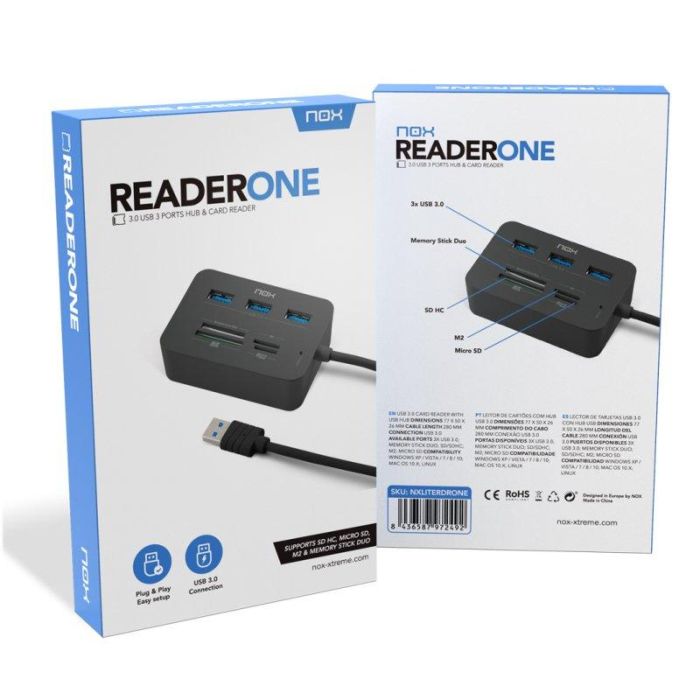 Nox Reader One NXLITERDRONE Hub USB 3.0 Lector de Tarjetas 3 Puertos USB 3.0 SD/M2/Micro SD 5 Gbps Multiplataforma 1