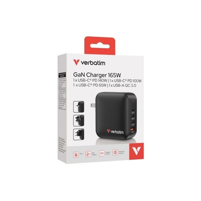 Cargador de Pared Universal Verbatim Mini GaN Wall Charger/ 3xUSB Tipo-C/ 1xUSB/ 165W 3