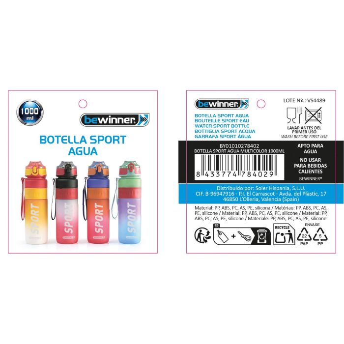 Bewinner Botella de Agua Deportiva Multicolor 1 Litro - Reutilizable para Gimnasio y Exterior (12 Unidades) 3