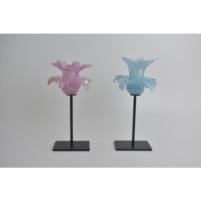 DKD Home Decor Portavela Decorativo de Cristal y Metal con Diseño Floral, en Tonos Rosa y Azul, 12x12x24 cm, Set de 2 Unidades.