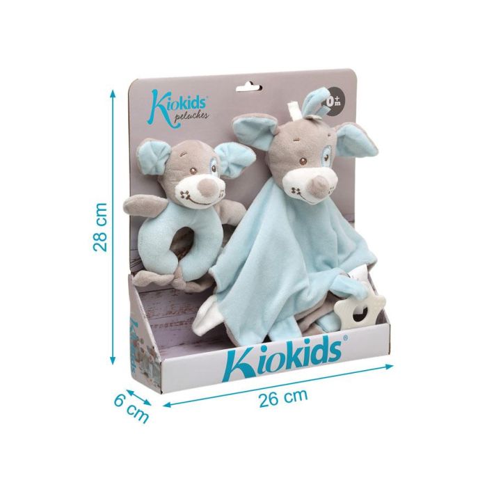 KioKids Set Doudou y Sonajero Perrito Azul Suave para Bebés +0 Meses. Con Mordedor y Sonidos, Ideal para Apego 4