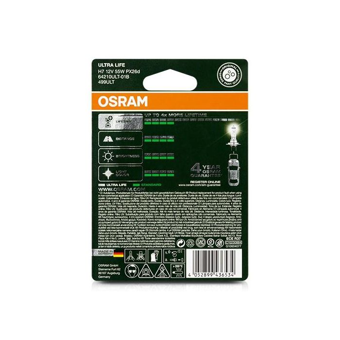 Osram H7 Px26D 12 V 55 W Bombilla para Coche OS64210ULT-01B Ultra Life 3 Osram H7 Px26D 12 V 55 W Bombilla para Coche OS64210ULT-01B Ultra Life 3