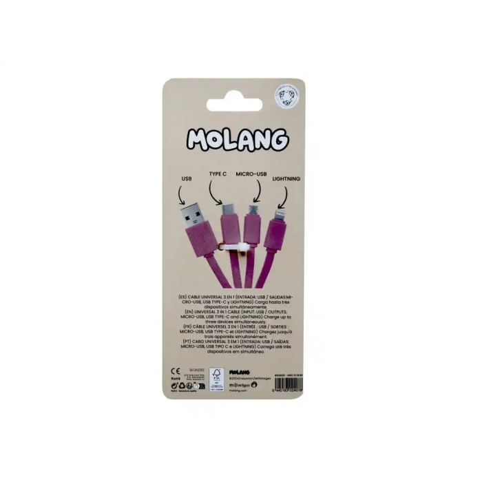 Wondee Cable Multiconector 3 en 1 Molang 3D Carga y Sincroniza Smartphones y Tablets USB-C Lightning Micro USB 3