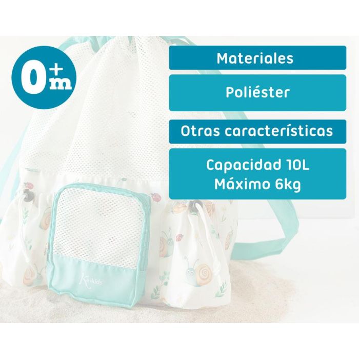 KioKids Bolsa de Playa y Mochila Convertible Caracoles Beige para Niños +0 meses | Transpirable 10L con 3 Bolsillos Polyester 3