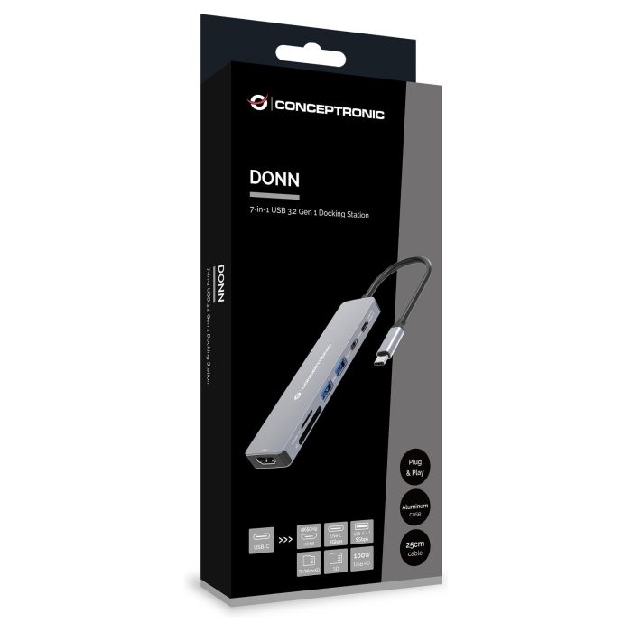 Conceptronic DONN28G Docking Station Gris USB Tipo C HDMI USB-A 5 Gbps SD/MicroSD PD 100W 4K 60Hz 5