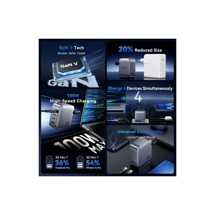 Cargador de Pared GaN Vention TZ-FETH0-EU/ 3xUSB Tipo-C/ 1xUSB/ 100W 1 Cargador de Pared GaN Vention TZ-FETH0-EU/ 3xUSB Tipo-C/ 1xUSB/ 100W 1