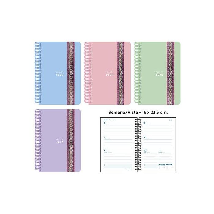 Agenda Anual (2026) Senfort Pastel Espiral Tapa Pp Con Goma Decorada 160X235 S/V Surtido De 4