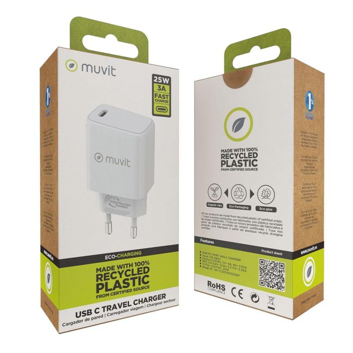 Cargador de Pared Muvit For Change MCACC0038/ 1xUSB Tipo-C/ 25W 3