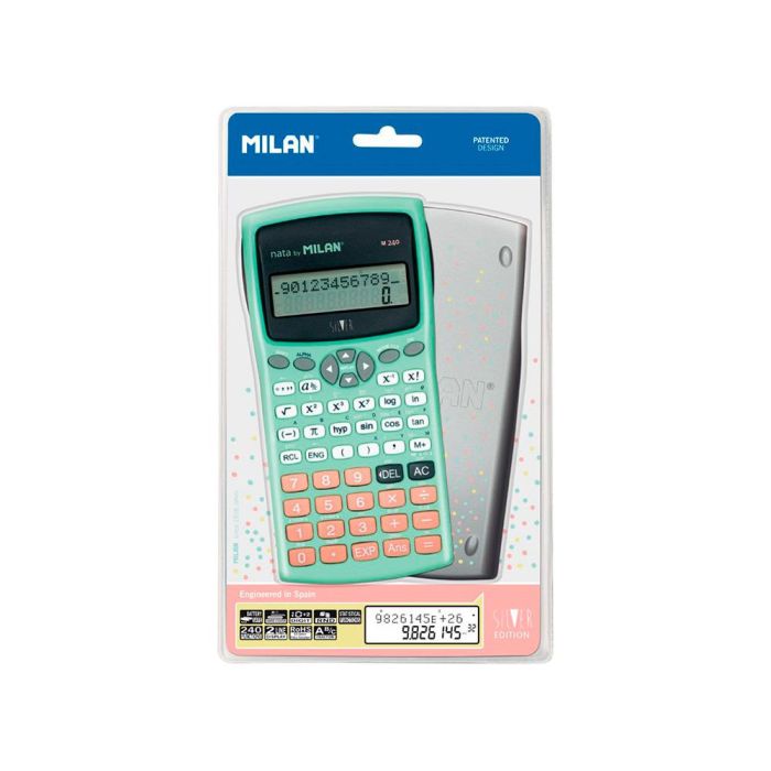 Calculadora Milan Cientifica M240 Silver 2 Lineas 240 Funciones 10+2 Digitos Color Verde Turquesa Con Tapa Color 4