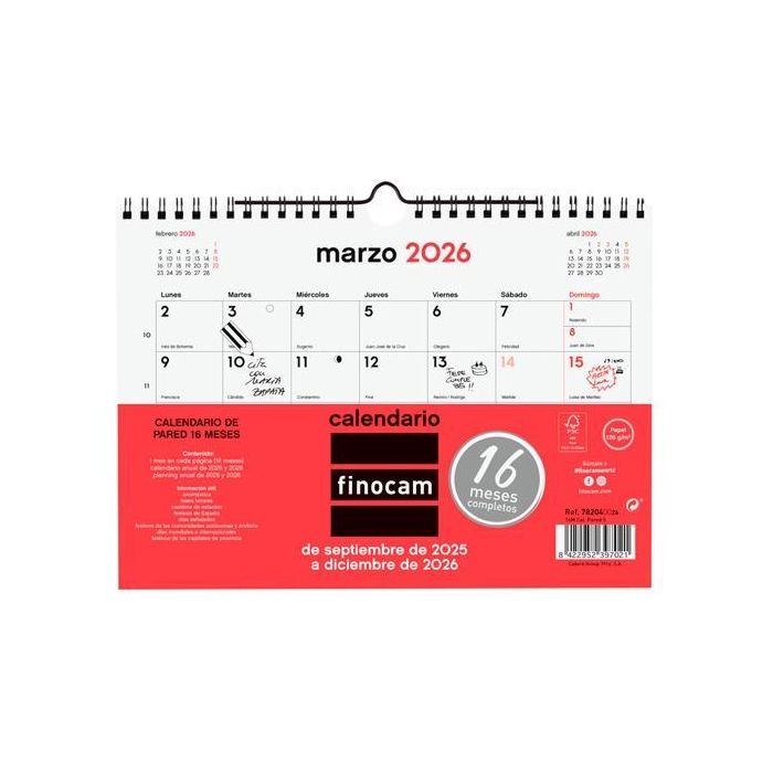 Finocam Calendario de Pared 16 Meses S-210x150 mm, Septiembre 2025 - Diciembre 2026, con Espacio para Anotaciones