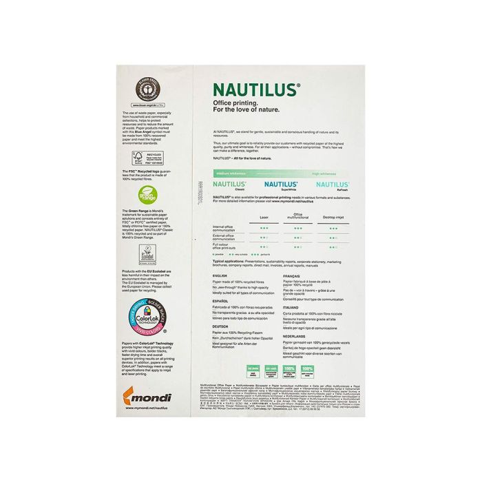 Papel Fotocopiadora Nautilus Superwhite 100% Reciclado Din A3 80 gramos Paquete De 500 Hojas 4