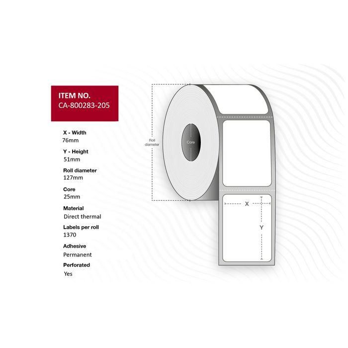 Capture Label 76 x 51mm, core 25mm, Direct Thermal, Uncoated, Permanent, Perforated, 1370 labels per roll, 12 rolls per box. Equal to p/n: 800283-205 Capture Label 76 x 51mm, core 25mm, Direct Thermal, Uncoated, Permanent, Perforated, 1370 labels per roll, 12 rolls per box. Equal to p/n: 800283-205