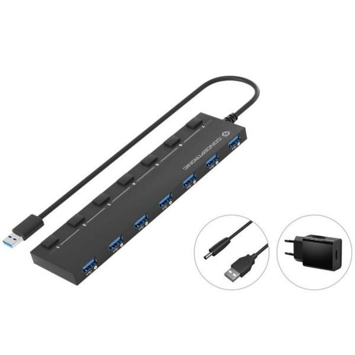 Conceptronic HUBBIES19BP 7-Port USB 3.0 HUB with Power Adapter, 90A a Individual Con 2/Gen