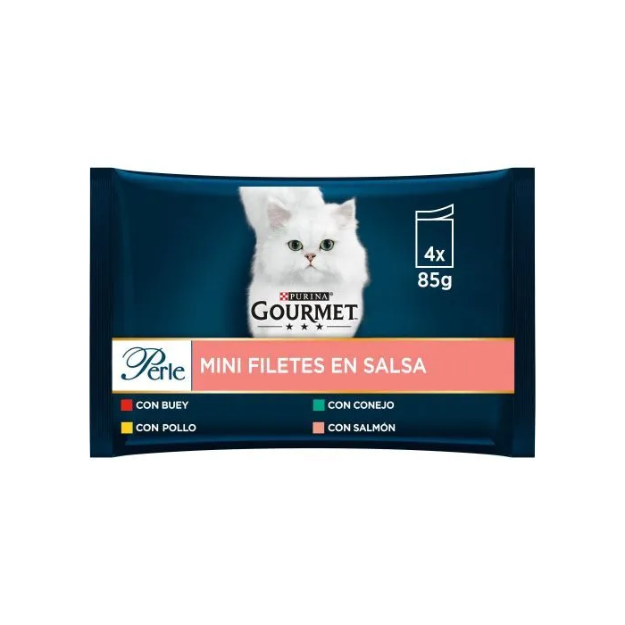 Purina Gourmet Perle Comida Húmeda para Gato con Finas Láminas en Salsa de Buey, Pollo, Conejo y Salmón 12x4x85g