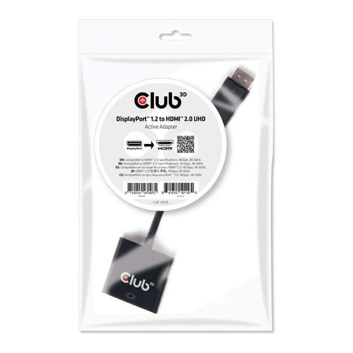 Club3D DisplayPort 1.2 a HDMI 2.0 UHD Adaptador Activo, 0,21 m, 4K 60Hz, 4:2:2, 4:4:4, 4:2:0, Negro