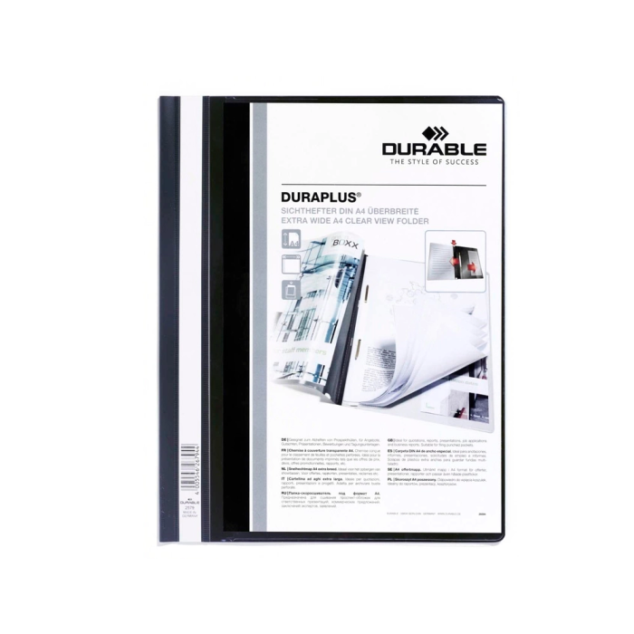 Durable Carpeta Duraplus® A4+ Extra Ancho con Fastener Metálico, Cubierta Transparente y Trasera Opaca, Negro, Ref. Fastener, 120-180 micras