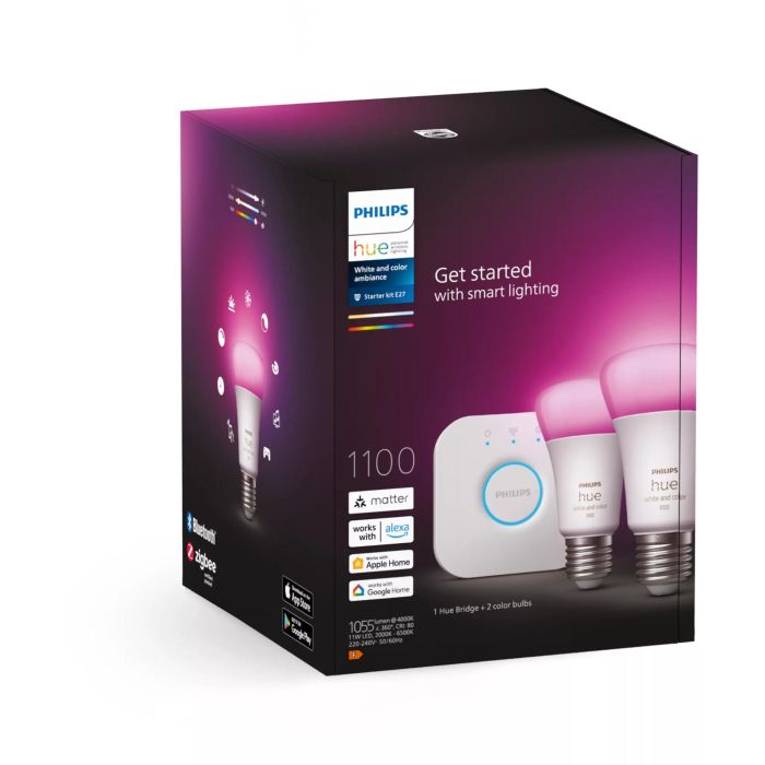 Philips Hue E27 2er Starter Set White & Color Ambiance Kit de Inicio Iluminación Inteligente LED Blanco Multi Color 1100lm 2