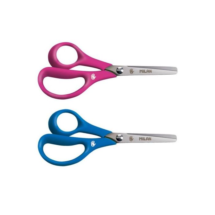 Milan 1439620 Caja expositora 20 tijeras para zurdos mango plástico acero inoxidable colores surtidos 14 cm 1