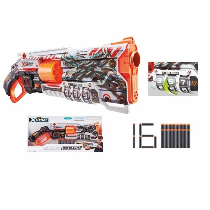 Lockable Blaster - ZURU - XSHOT Skins Lock Gun - Blaster con combinación de bloqueo y cañón giratorio con 8 dardos