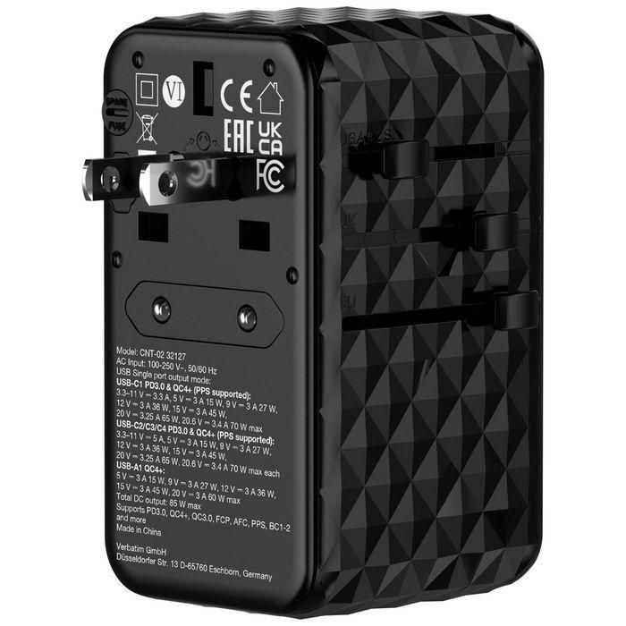 Verbatim Charge 'n' Travel Diamond 85W Retractable Cable CNT-02 Adaptador de Viaje Universal GaN III 7
